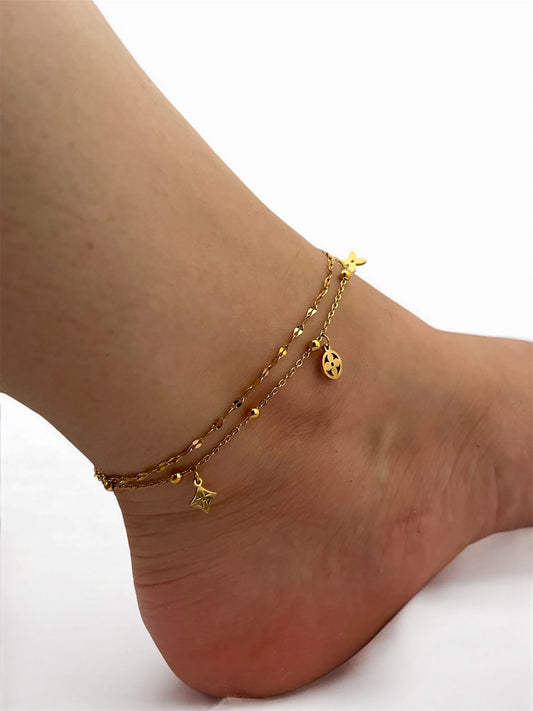 Altın Kaplama Çelik Halhal – Figür Detaylı Çift Zincir Tasarım